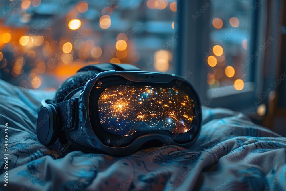 Poster close-up of a pair of virtual reality goggles resting on top of a neatly made bed.