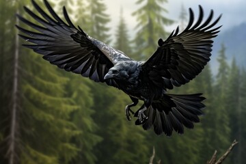 Fototapeta premium Raven bird fly closeup. Ink animal. Generate Ai