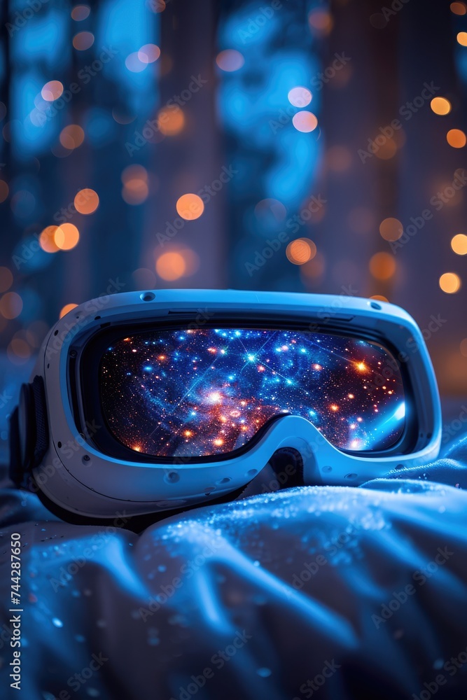 Poster a pair of virtual reality goggles resting on a neatly made bed, ready for their next use.