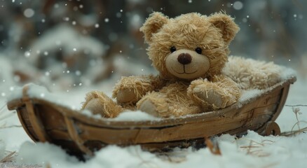 A beloved teddy bear joyfully rides through the snowy landscape, its plush fur keeping it warm as it sits snugly in a red sled