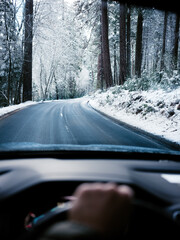 drivers view on icy winter road