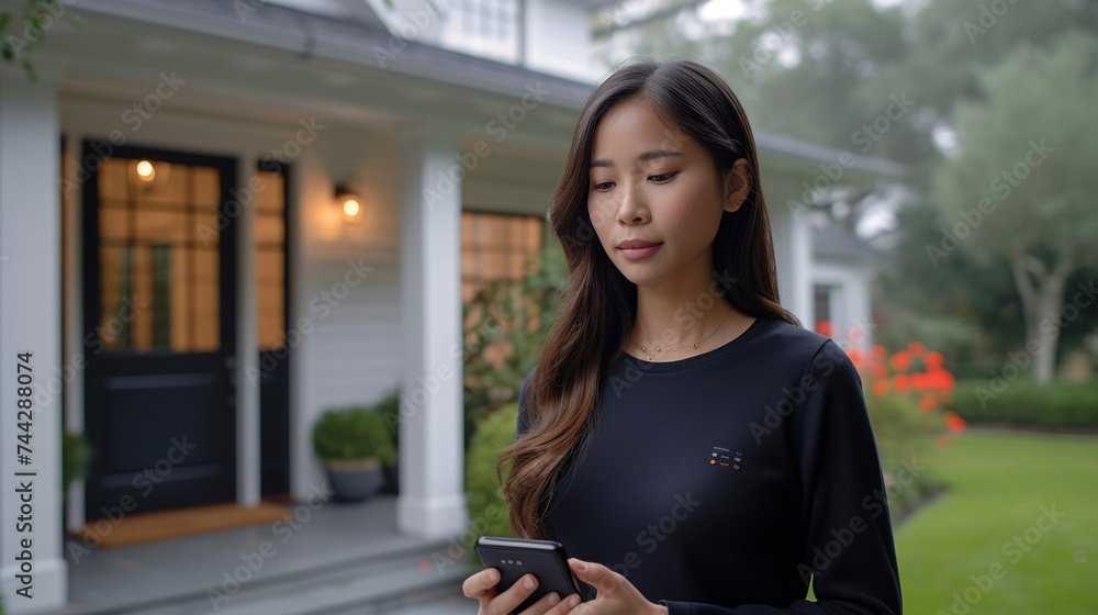 Poster a homeowner standing in their entryway using a voice command to lock their front door using their sm