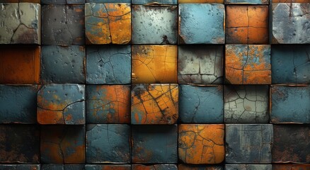 An abstract and colorful wall of blue and orange squares, constructed with the symmetrical pattern of bricks, showcases the vibrant beauty of building materials in shades of rust and brown