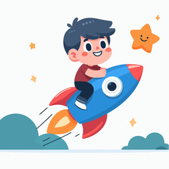 flat design illustration concept of cute boy flying to the start with rocket