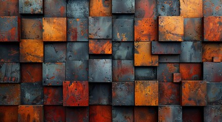 A vibrant, abstract wall of square tiles in shades of brown and rust creates a symmetrical and eye-catching building material, adding a touch of colorfulness to the outdoor landscape