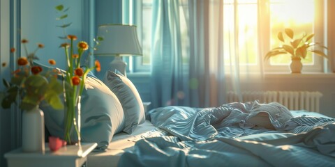 Serene bedroom scene with blue bedspread and morning light casting peaceful shadows - obrazy, fototapety, plakaty