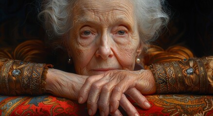 Capturing the wisdom and depth of a life well-lived, a weathered woman gazes thoughtfully, her wrinkled skin a testament to the passage of time and the beauty of aging - obrazy, fototapety, plakaty