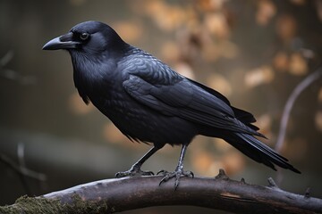 Obraz premium Beautiful raven on a branch in the park. Nature concept. Birds