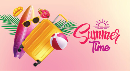 Summer time text vector design. Summer time greeting with bag luggage, beachball, surfboard and fruits for travel vacation beach elements in tropical background. Vector illustration summer greeting 