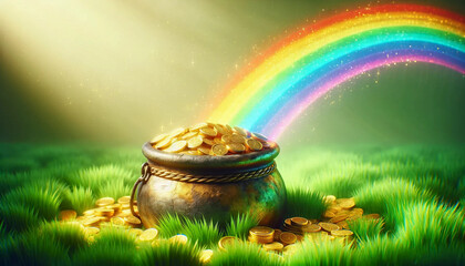 A close-up view of a rainbow's end, where it meets a rustic pot of gold situated in short, dense green grass banner background wallpaper - obrazy, fototapety, plakaty