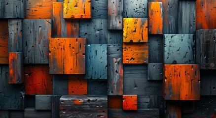 Vibrant wooden blocks create an abstract street art masterpiece, bursting with color and energy