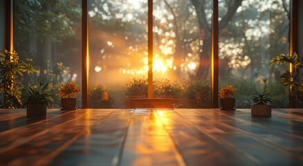 As the sun rises and sets outside the window, the amber light illuminates a plant and tree atop a table, bringing the outdoor beauty to the indoor floor - obrazy, fototapety, plakaty