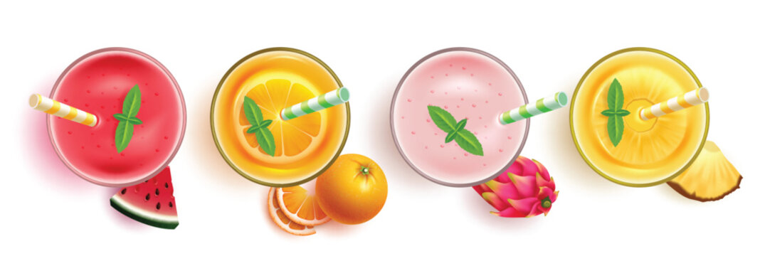 Summer drink juice vector set design. Summer tropical fruit drinks in watermelon, orange, dragon fruit and pine apple flavors collection for season refreshment beverage. Vector illustration summer 