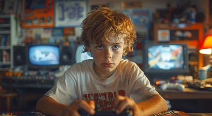 A young boy, fully immersed in his video game, is dressed in comfortable clothing as he skillfully navigates the virtual world, his focused expression revealing his determination to conquer the chall