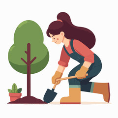 farming flat design illustration concept, young girl planting plant