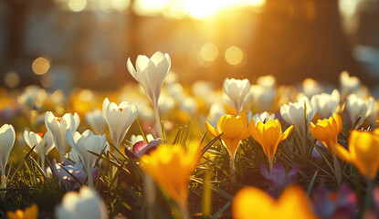 Beautiful yellow and white crocus spring flowers. Seasonal sunny Easter background.