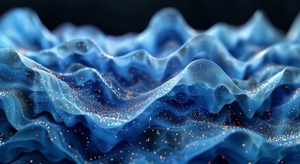 Mesmerizing electric blue waves flow effortlessly across a fluid surface, speckled with delicate dots that evoke a sense of serene movement and abstract beauty - obrazy, fototapety, plakaty