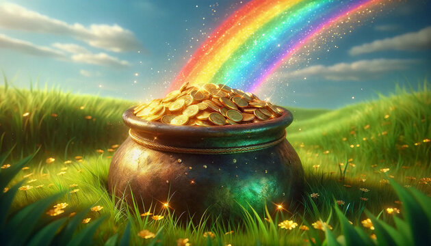 The end of a vibrant rainbow that ends in a shimmering pot of gold, nestled in lush green grass banner background wallpaper