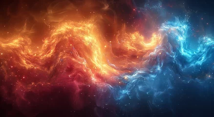 Foto op Canvas A mesmerizing display of fiery and luminous elements collide in the vastness of the universe, painting a breathtaking picture amidst the cosmic expanse of space and the ethereal beauty of a nebula © Larisa AI