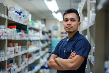 A young handsome Asian male pharmacist looking confident standing with arms crossed gesture at the pharmacy. Healthcare help desk, wellness or happy doctor smiling by medication on shelf in drugstore.