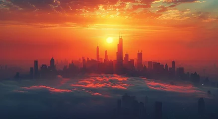 Tischdecke A bustling metropolis emerges from the clouds as the sun sets behind its towering skyscrapers, casting a warm afterglow over the cityscape © Larisa AI
