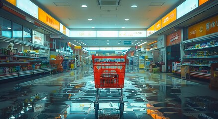 A bustling convenience store in the heart of the city, filled with endless retail options, showcases a perfectly organized supermarket with shelves lined to perfection and a shiny shopping cart waiti