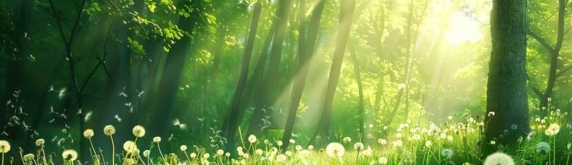 Dandelions in the forest with a beautiful sunbeam - 744289026