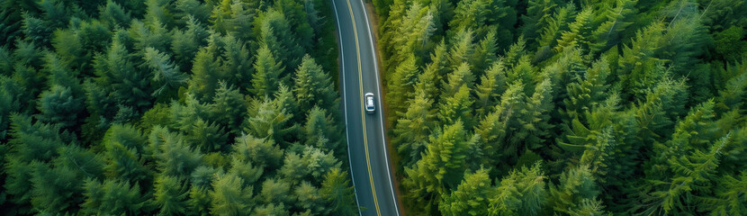 Aerial view of car on rural asphalt road in deep fir forest - 744289030