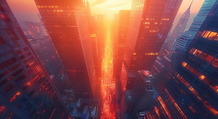 Amber lights illuminate the towering skyscrapers of a bustling metropolis, creating a mesmerizing cityscape that dazzles the eyes at night - obrazy, fototapety, plakaty