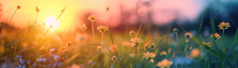 Blurred nature background with flowers and grass at sunset