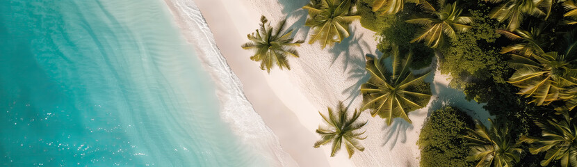 Aerial view of a sandy beach with palm trees - 744289077