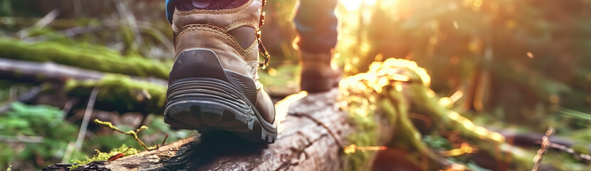 Person in hiking boots in the woods on log. - Powered by Adobe