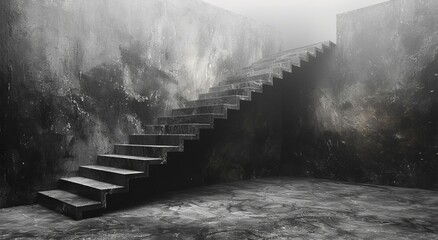 A foggy winter morning brings a monochrome landscape indoors as a set of stairs leads to a serene...