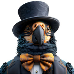 An elegant 3D cartoon illustration of a parrot dressed in a top hat and bow tie.