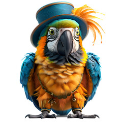 A whimsical 3D cartoon depiction of a parrot with a playful top hat.