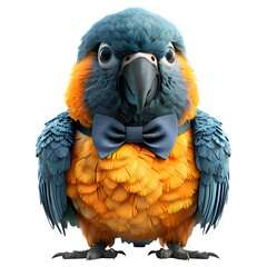 A vibrant 3D cartoon render of a colorful parrot donning a fancy bowtie.