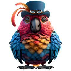 A sophisticated 3D cartoon render of a fancy parrot wearing a top hat and monocle.