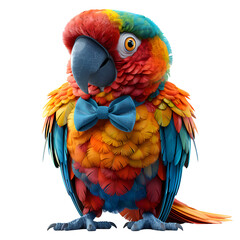 A fun 3D cartoon render of a playful parrot showcasing a vibrant bowtie.