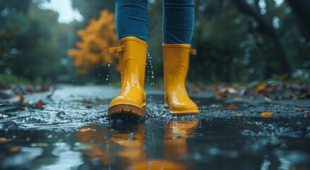 A vibrant figure embraces the natural elements as they stand tall amidst the wet ground, their yellow rain boots a bold statement against the muted tones of the surrounding trees and water
