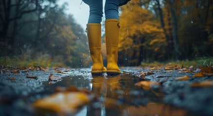 A vibrant autumn reflection captured as a person in yellow boots stands tall in a puddle, surrounded by trees and nature's beauty