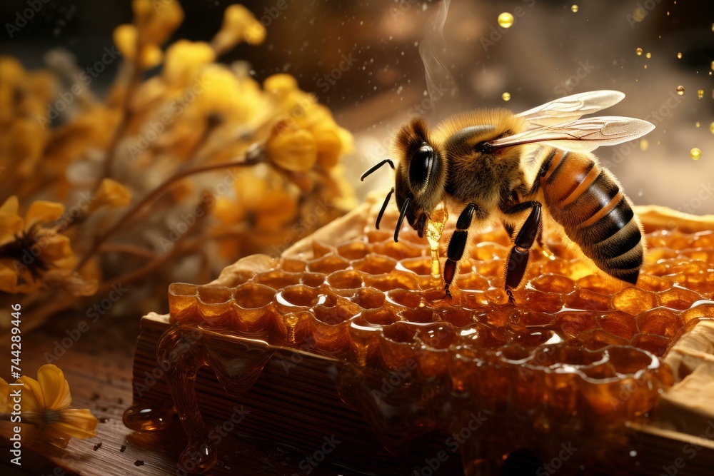 Poster bees inside a hive. comb frame. generate ai