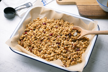 homemade granola in iron pan