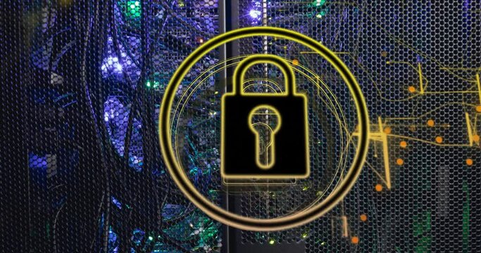 Animation of padlock with connections over server room