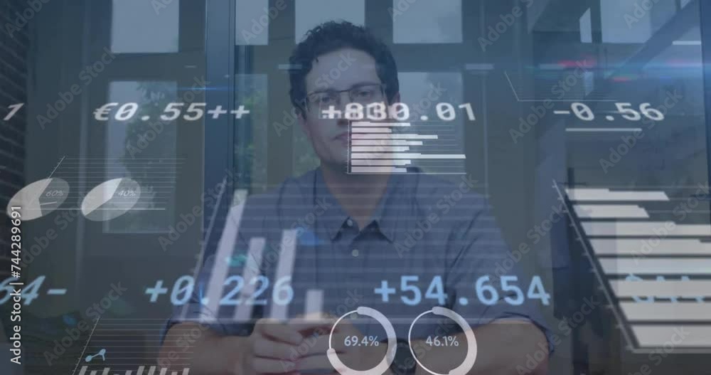 Poster animation of data processing over caucasian businessman having video call in office