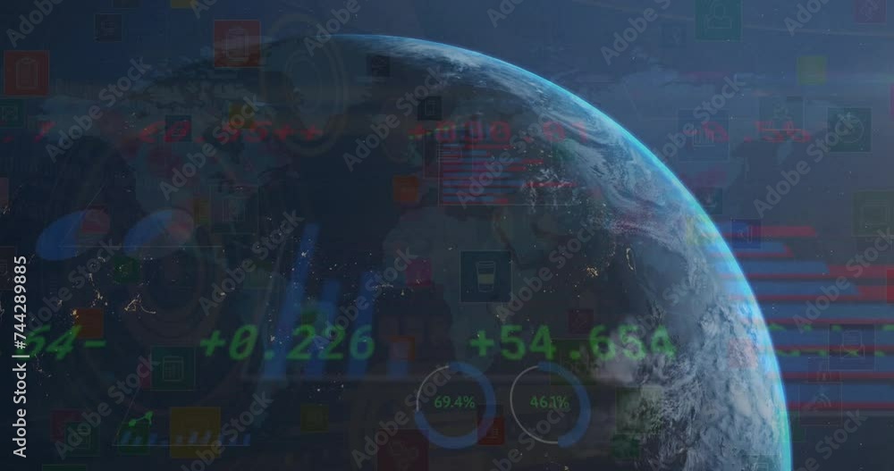 Poster animation of globe and data processing over diagrams