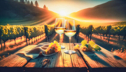 Two glasses of white wine on a rustic wooden table, set against the backdrop of vibrant California vineyards at sunset - obrazy, fototapety, plakaty