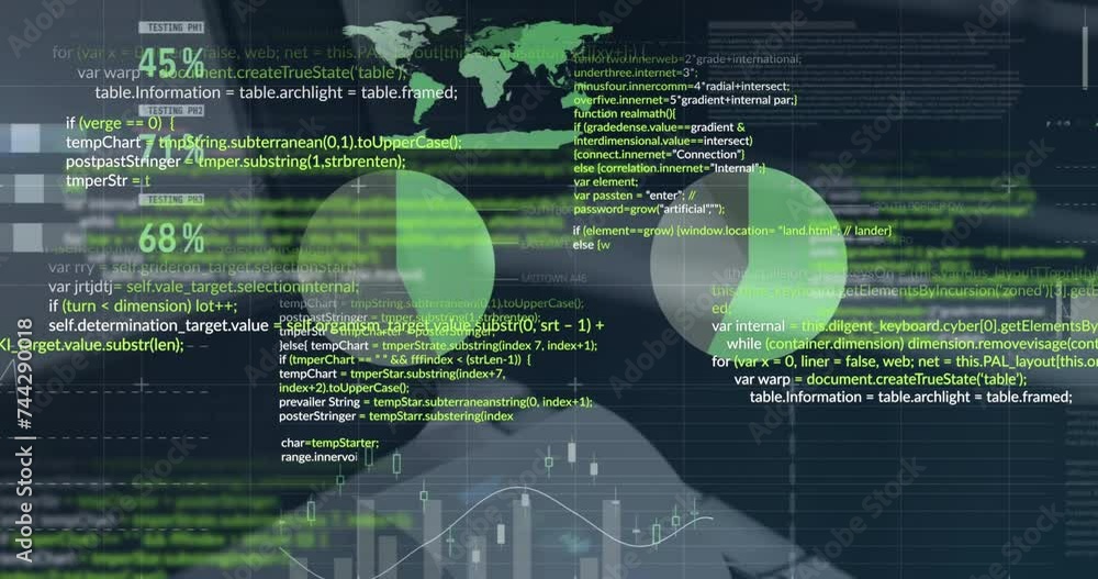 Poster animation of text and digital data processing over desk