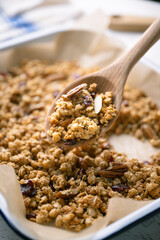 homemade granola in iron pan