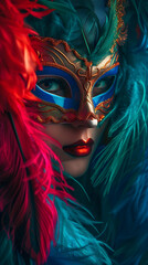 Women wearing female mask with colorful feathers