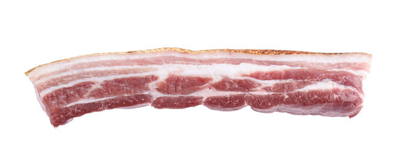 One piece of raw pork belly isolated on white, above view